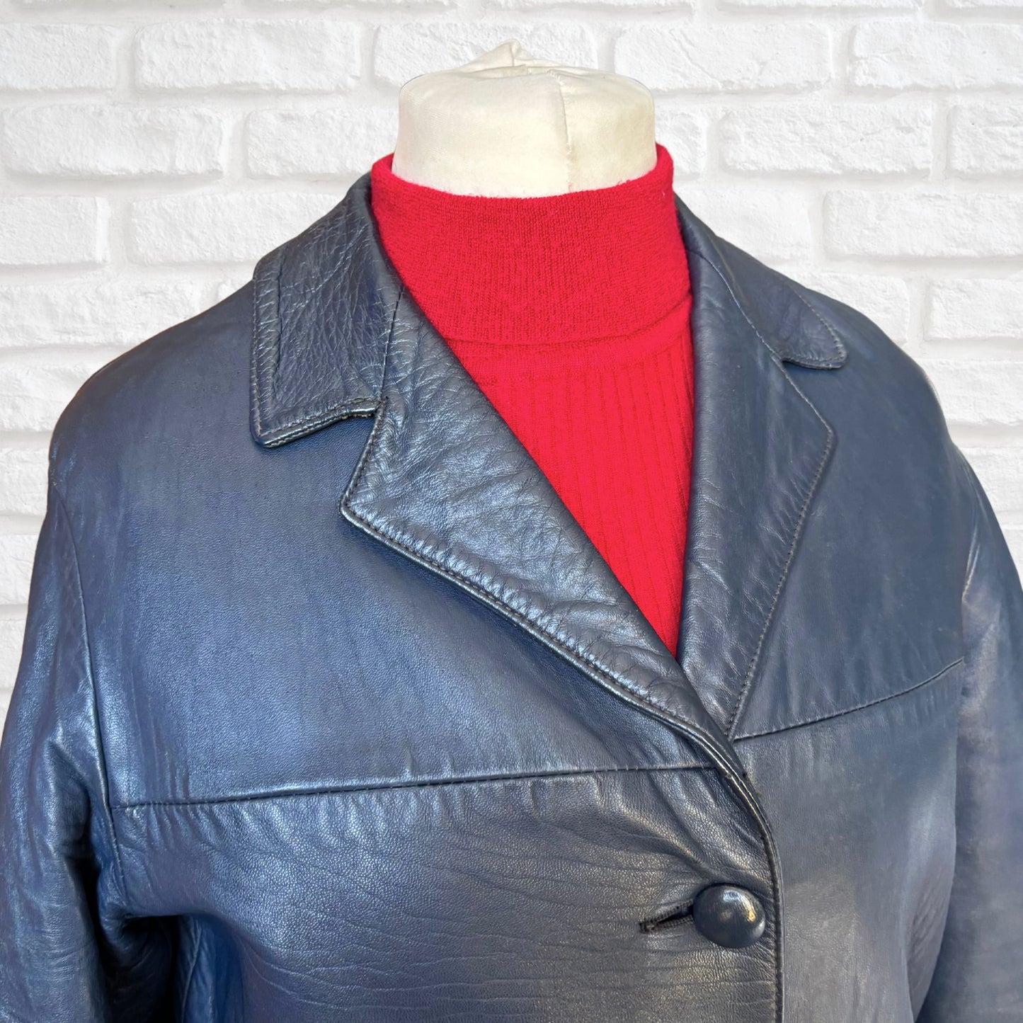 Vintage Navy Blue 70s Leather Jacket by Suedecraft. Approx UK size 12-16