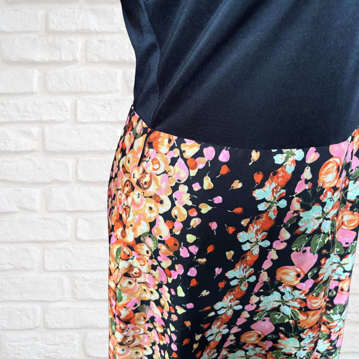 70s Black Fit & Flare Midi Dress with Fruity Floral Print . Approx UK size 10-12