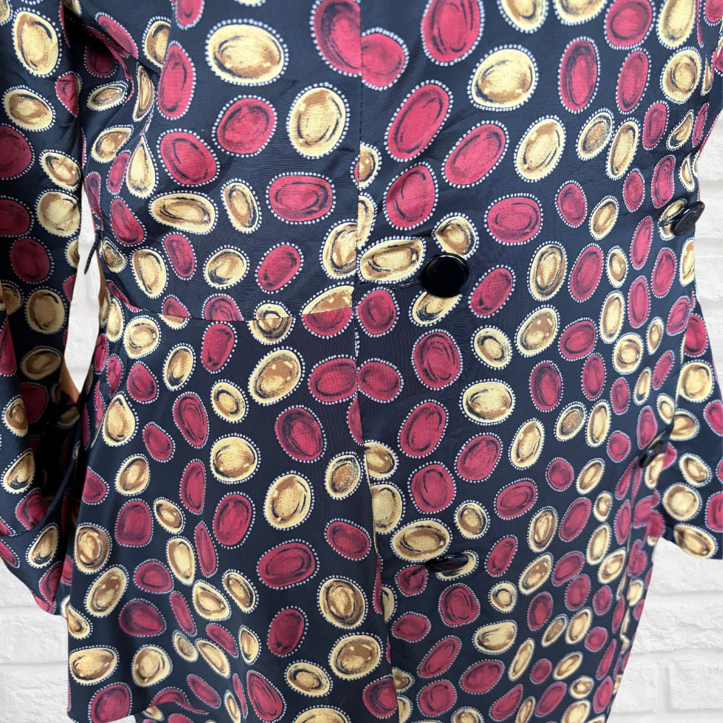 Vintage 80s Black Peplum Dress with Red & Gold Lozenge Print by Liz Roberts. Approx UK Size 16-18