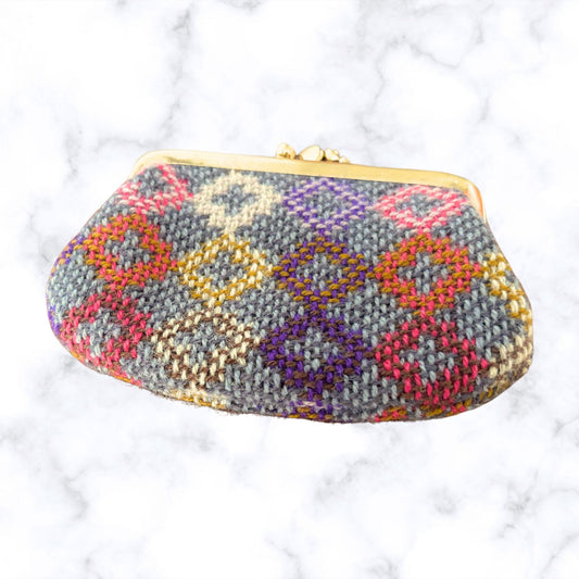 Vintage Grey, Purple, White and Pink Small Wool Tapestry Coin Purse