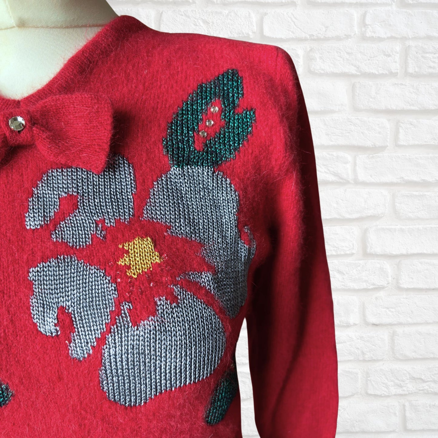 Vintage 80s Style Fluffy Red Jumper with Embellished Floral Detail and Bow. Approx UK size 8-10