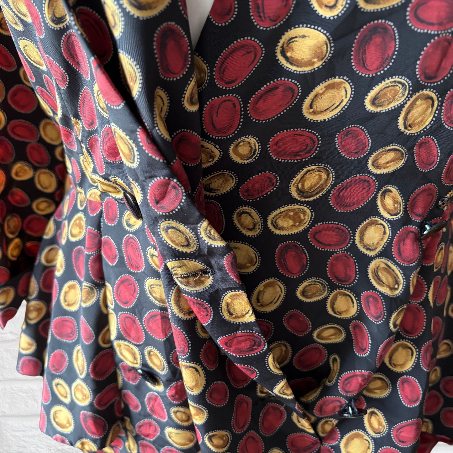 Vintage 80s Black Peplum Dress with Red & Gold Lozenge Print by Liz Roberts. Approx UK Size 16-18