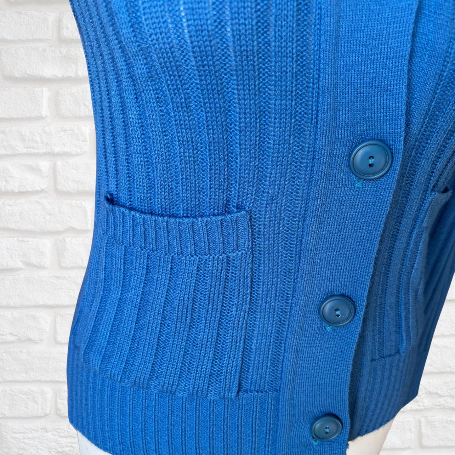 70s Blue Ribbed V neck Vintage Cardigan.  Approx UK size 8-10
