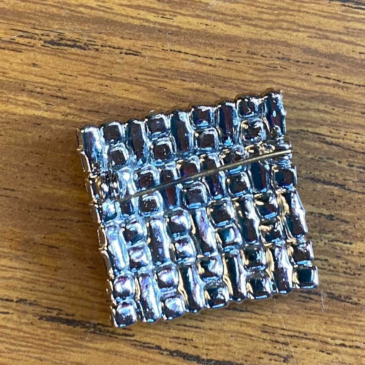 Vintage square brooch with green and diamanté accents - silver back and clasp view