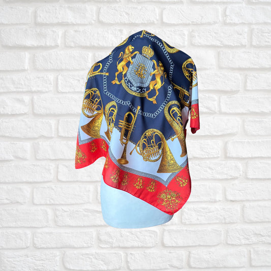 Red, Navy Blue and Gold Heraldic Style Large Square Vintage Scarf. Great Gift idea