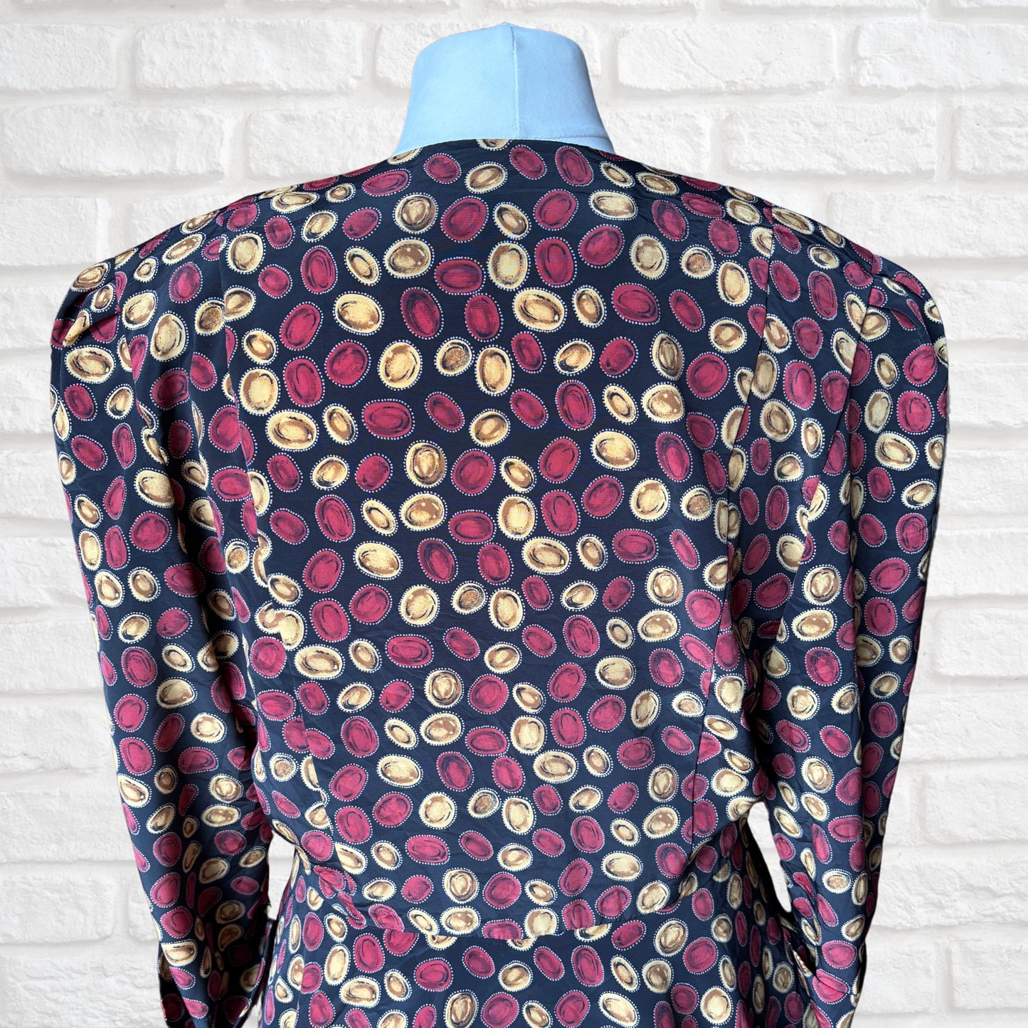 Vintage 80s Black Peplum Dress with Red & Gold Lozenge Print by Liz Roberts. Approx UK Size 16-18