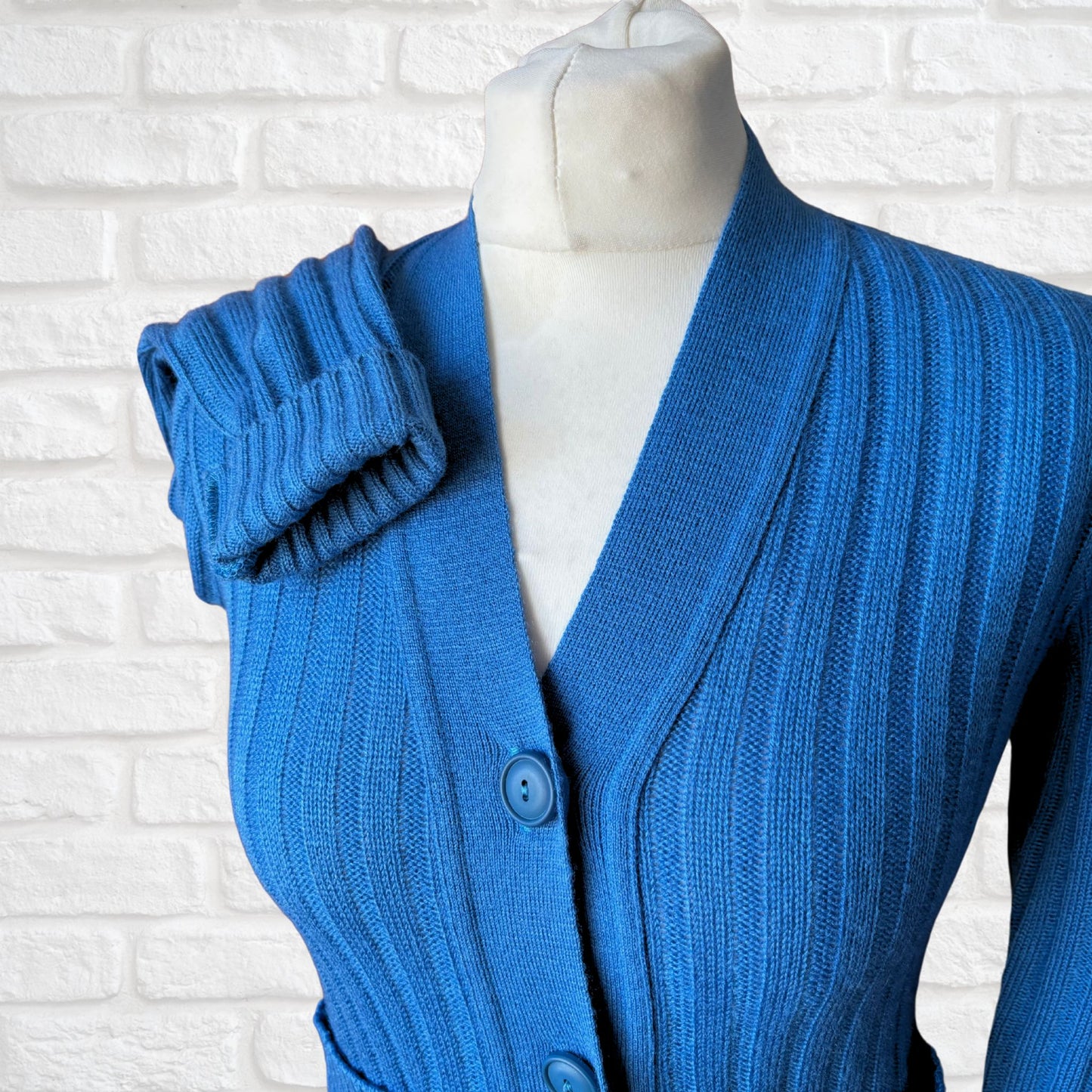 70s Blue Ribbed V neck Vintage Cardigan.  Approx UK size 8-10