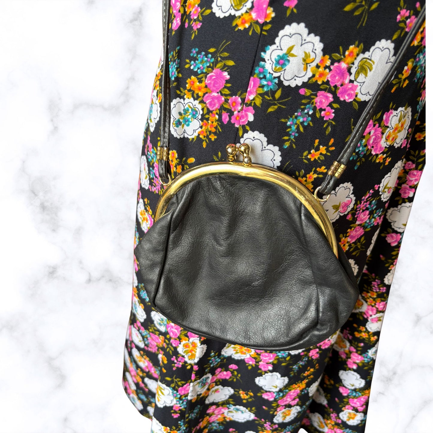 Vintage Black Leather Small Bag/ Purse with Cross Body Strap. Perfect for Nights Out/ Festivals