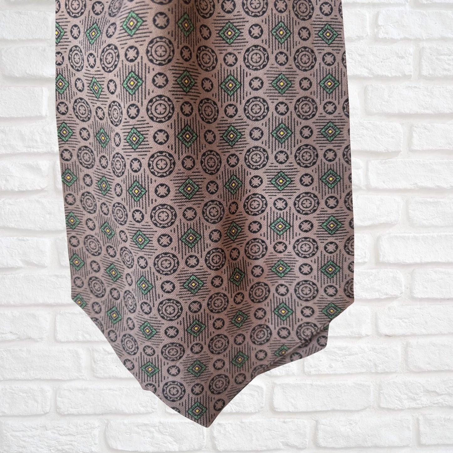 60s Mod Style Brown, Black, Green and Yellow Geometric Print Vintage Tootal Cravat