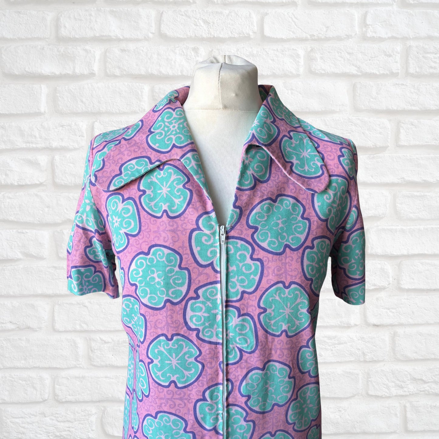 60s Pink and Turquoise Short Sleeves Vintage Scooter Dress. Approx UK size 8- 10