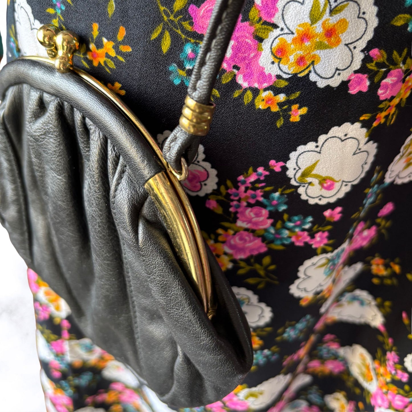 Vintage Black Leather Small Bag/ Purse with Cross Body Strap. Perfect for Nights Out/ Festivals