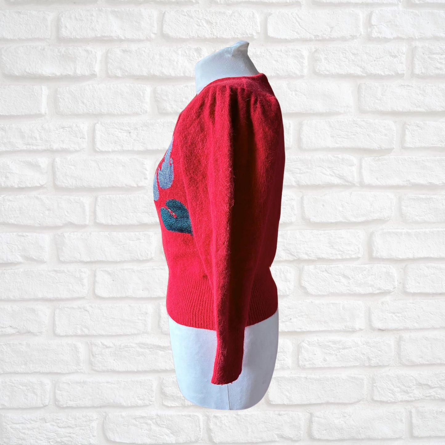 Vintage 80s Style Fluffy Red Jumper with Embellished Floral Detail and Bow. Approx UK size 8-10