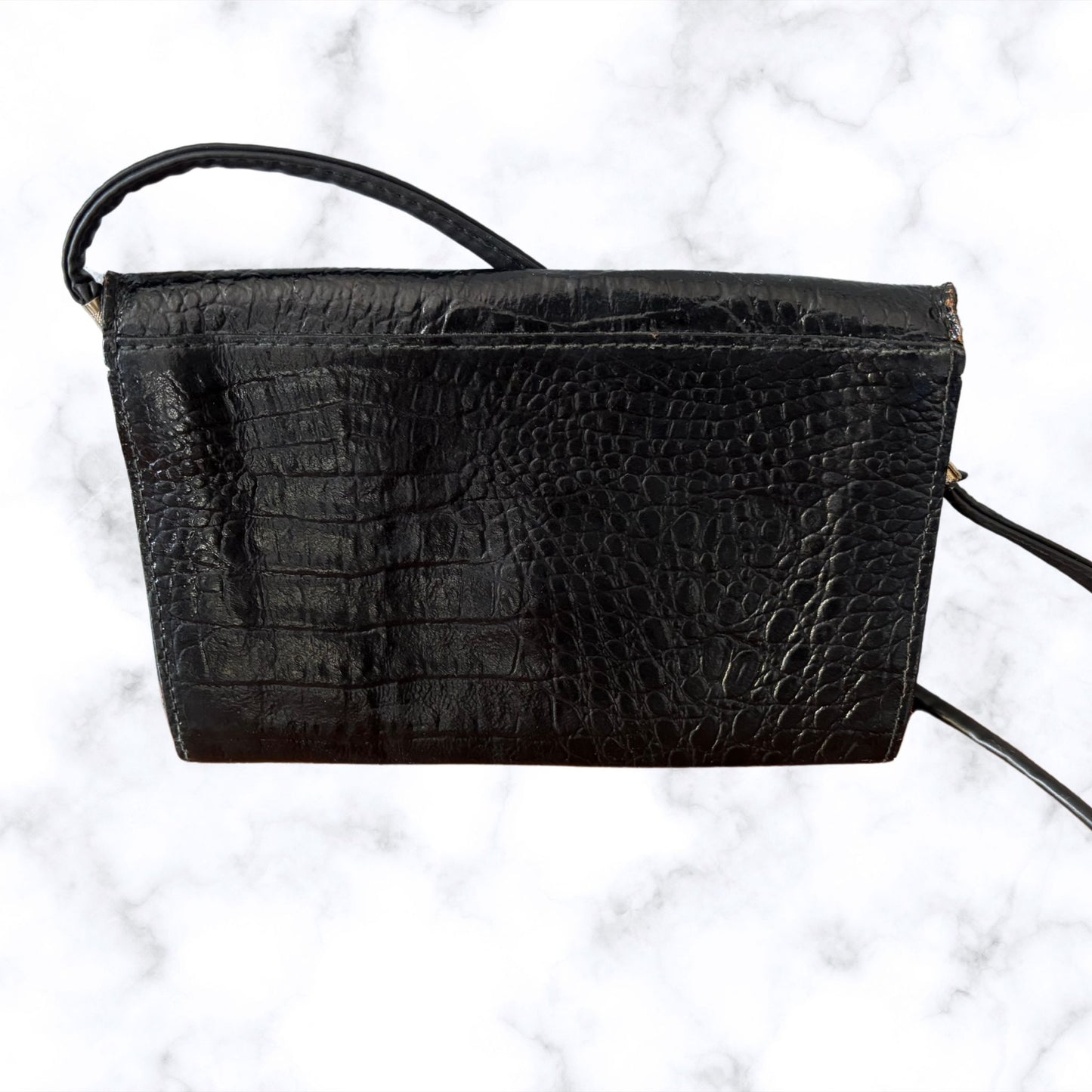 Vintage 80s Black Leather Envelope Bag with Cross Body Strap. Perfect for Nights Out/ Festivals