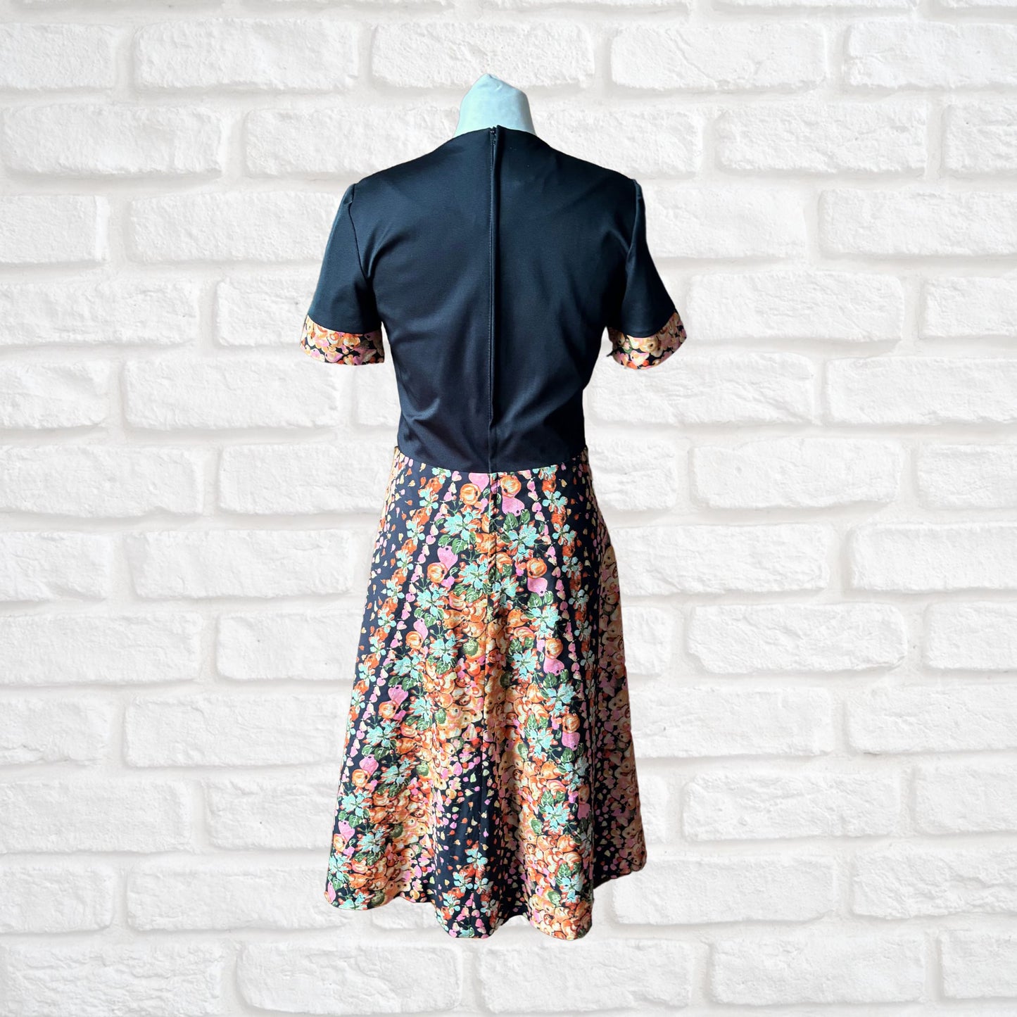 70s Black Fit & Flare Midi Dress with Fruity Floral Print . Approx UK size 10-12