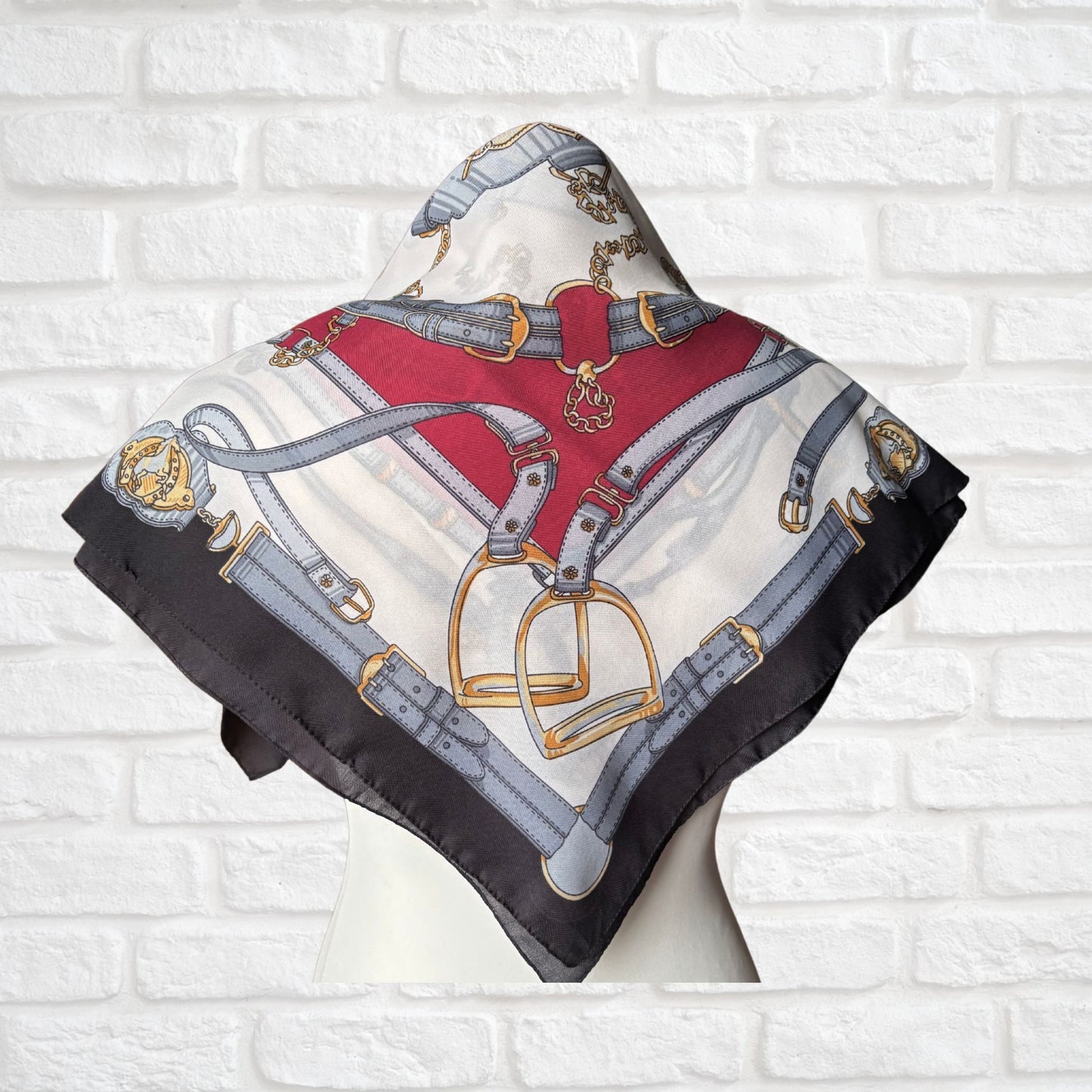 Black, White, Grey, Gold and Red Equestrian Style Square Vintage Scarf by Gim Renoir. Great Gift Idea