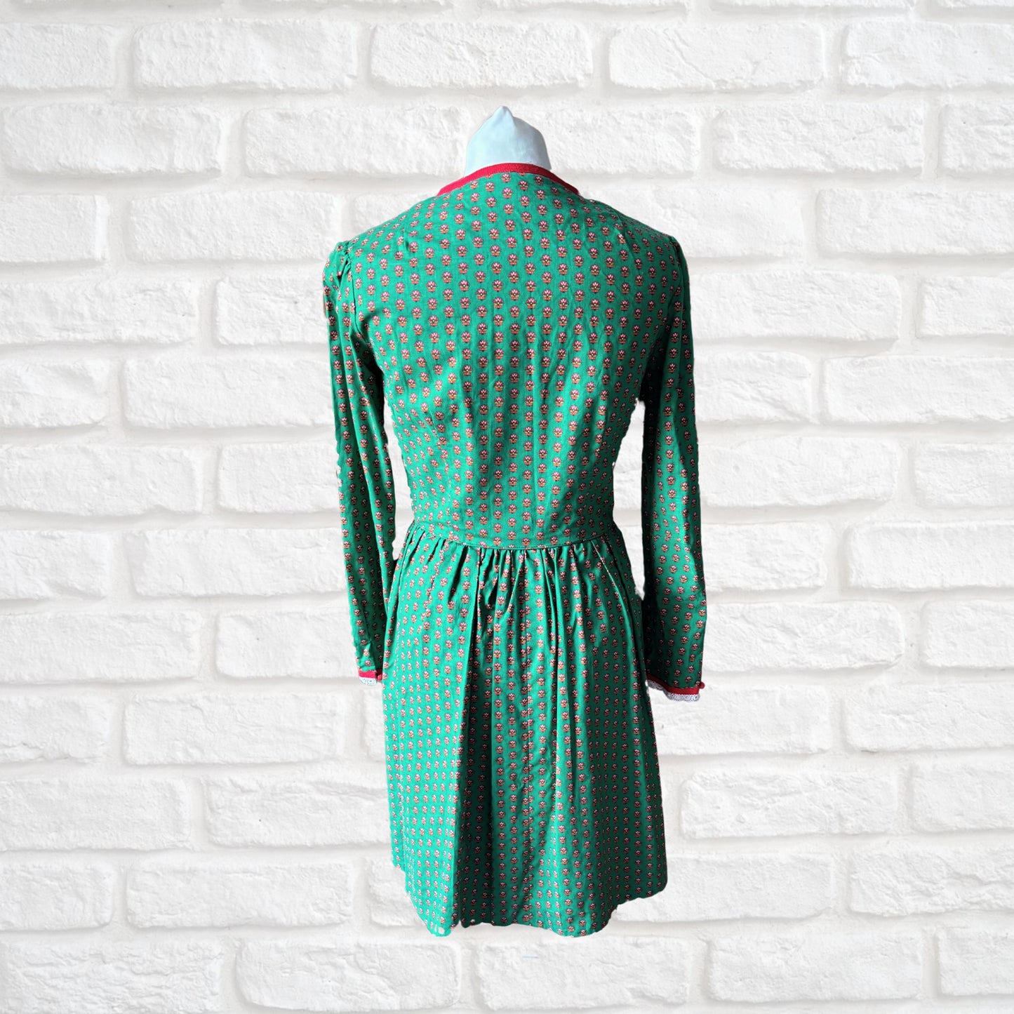 Vintage Green and Red Cotton Dirndl Dress with long lace trimmed sleeves. Approx UK size 8-10