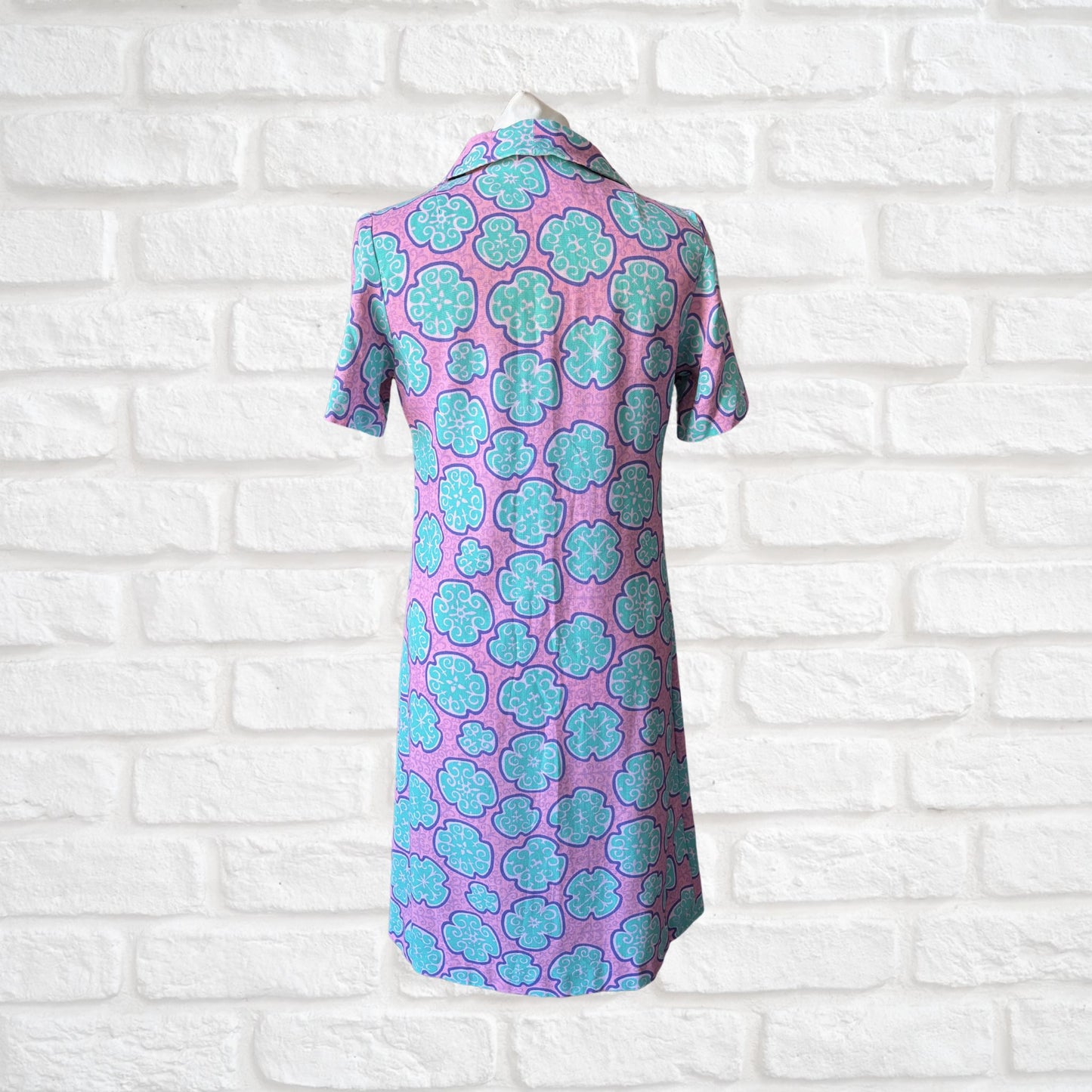 60s Pink and Turquoise Short Sleeves Vintage Scooter Dress. Approx UK size 8- 10