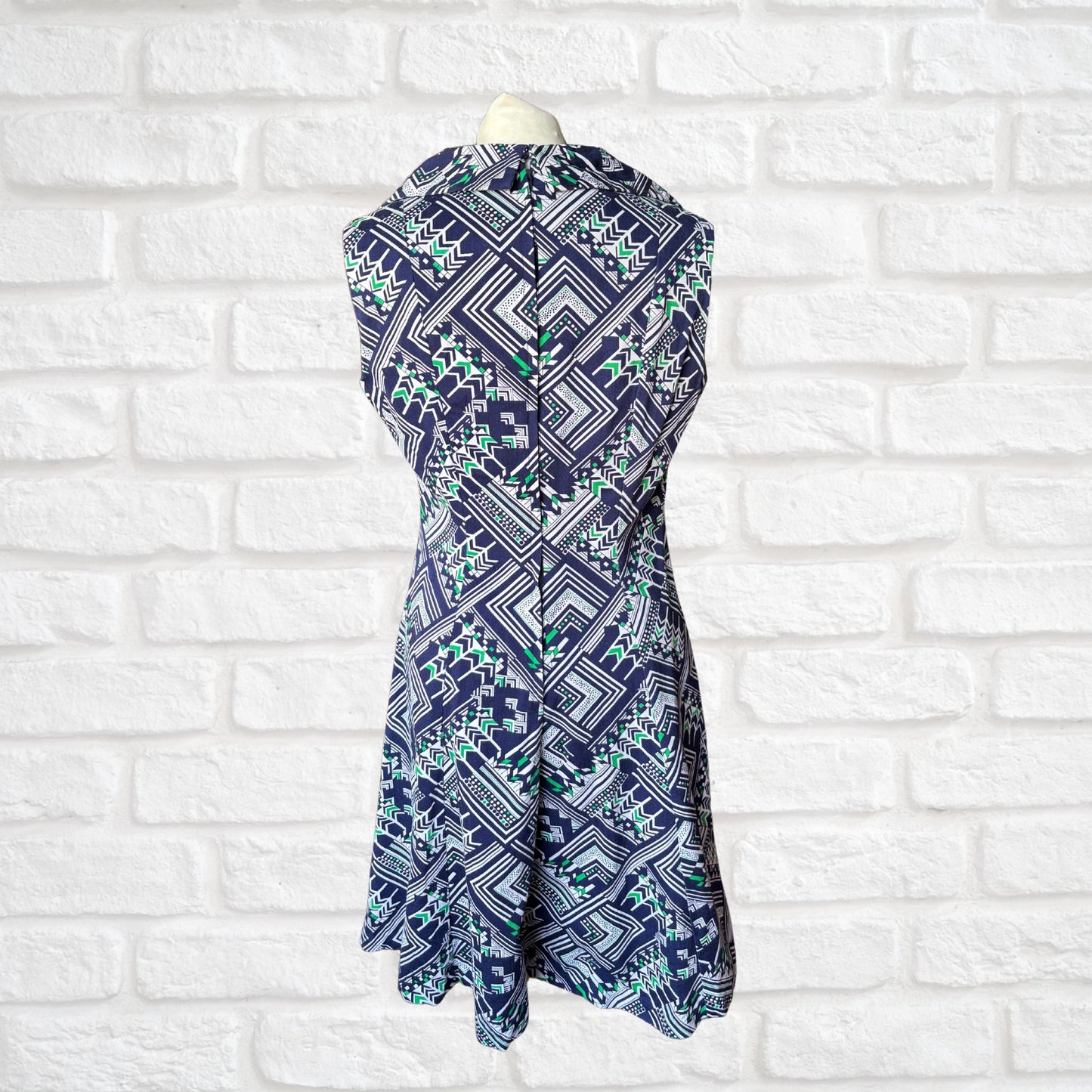 60s/70s Navy Blue Geometric Print A-Line Mini Dress. Approx UK size 10-12