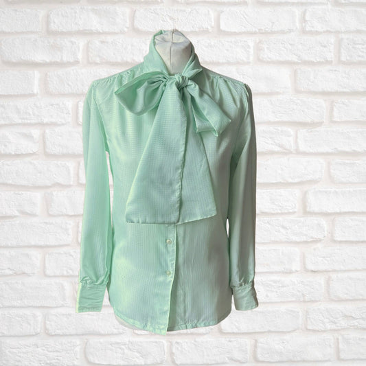 Pale Green Silky 80s Vintage Secretary Blouse with Tie Detail. Approx UK size 8-10