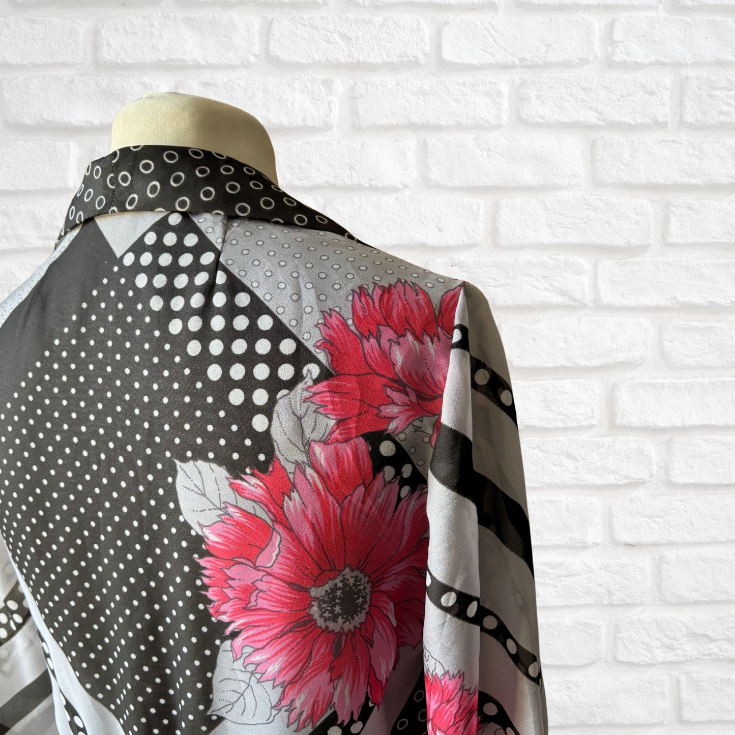 70s Floral Vintage Maxi Dress with Stripes and Polka Dots. Approx UK size 12 -14