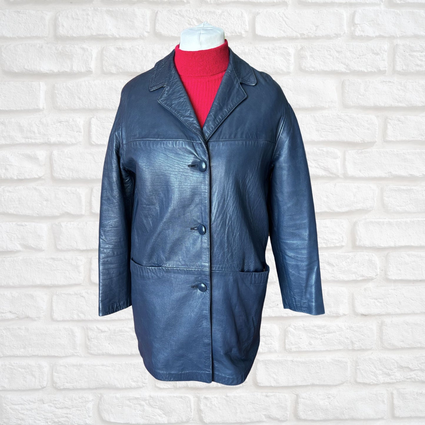 Vintage Navy Blue 70s Leather Jacket by Suedecraft. Approx UK size 12-16