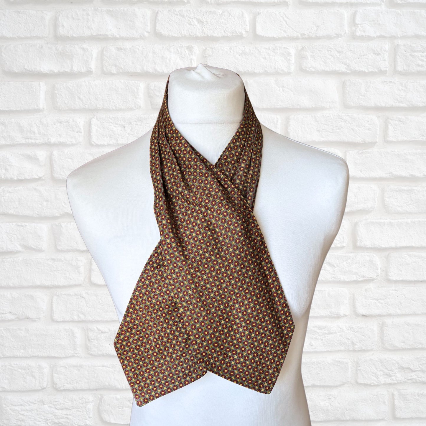 60s Mod Style Green, Yellow, Red and Black Geometric Print Vintage Cravat