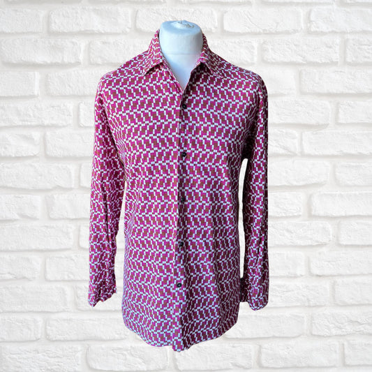 70s Geometric Print Long Sleeved Cotton Vintage Shirt. Approx UK size L - XL(men) 16-18 (women)