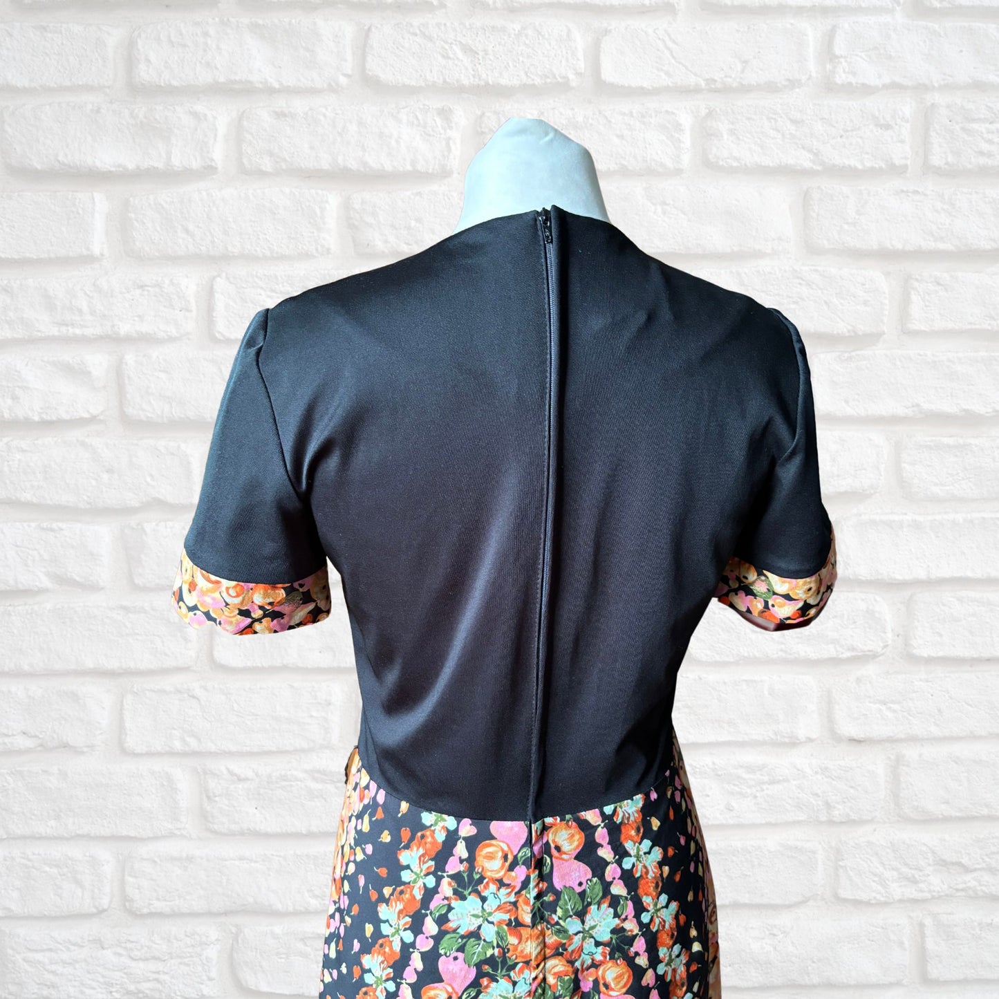 70s Black Fit & Flare Midi Dress with Fruity Floral Print . Approx UK size 10-12