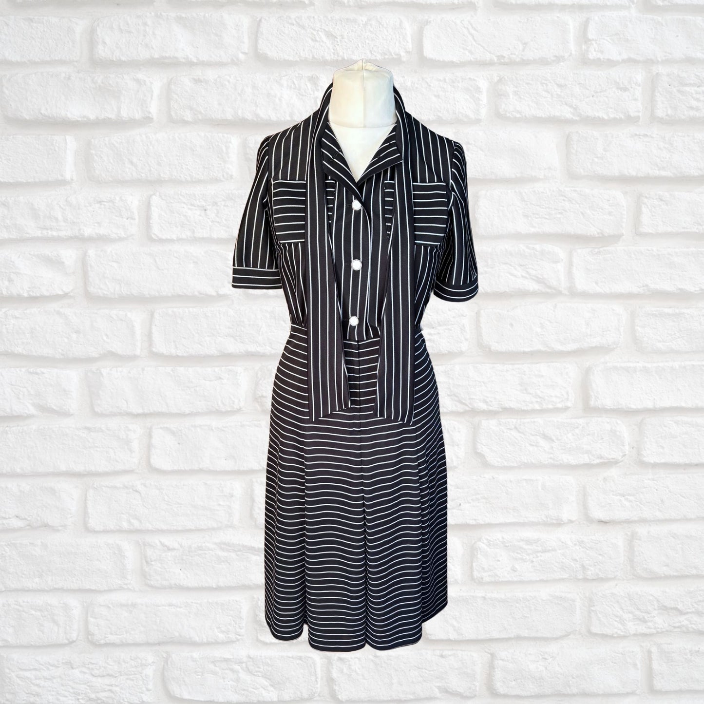 Vintage Monochrome Striped 70s Midi Dress by Liza Peta Approx UK size 10