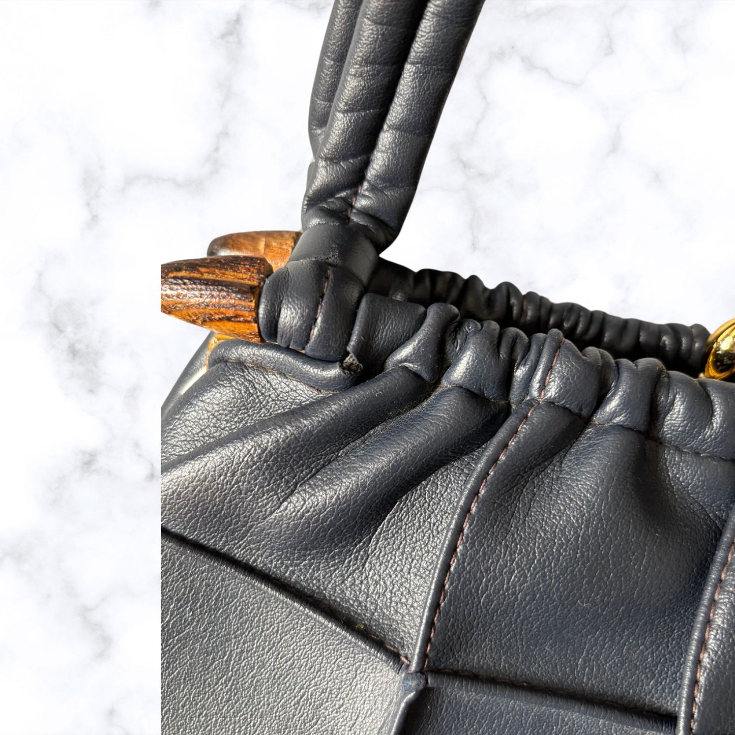 Navy Blue Miss Salisbury Vintage Top Handle Bag with Wooden Detail