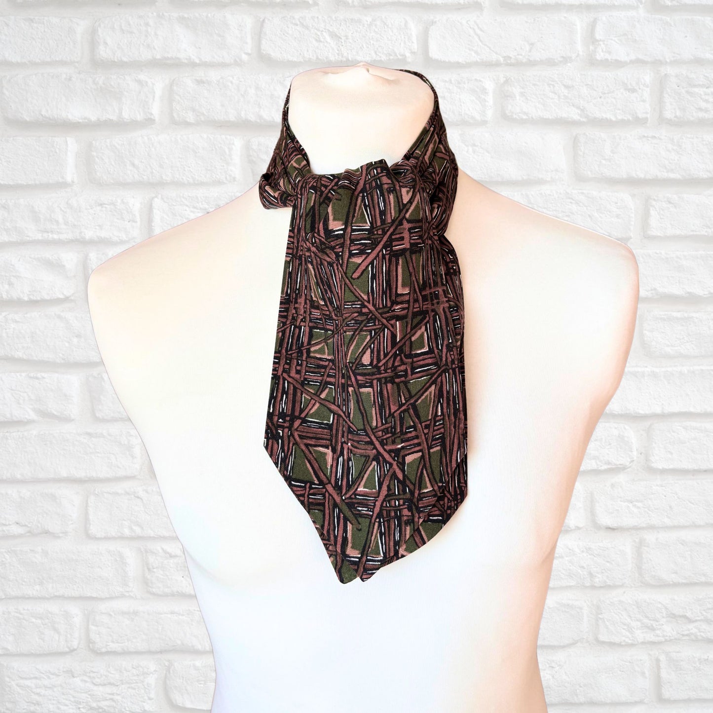 60s Mod Style Green, Brown and White Abstract Print Vintage Cravat
