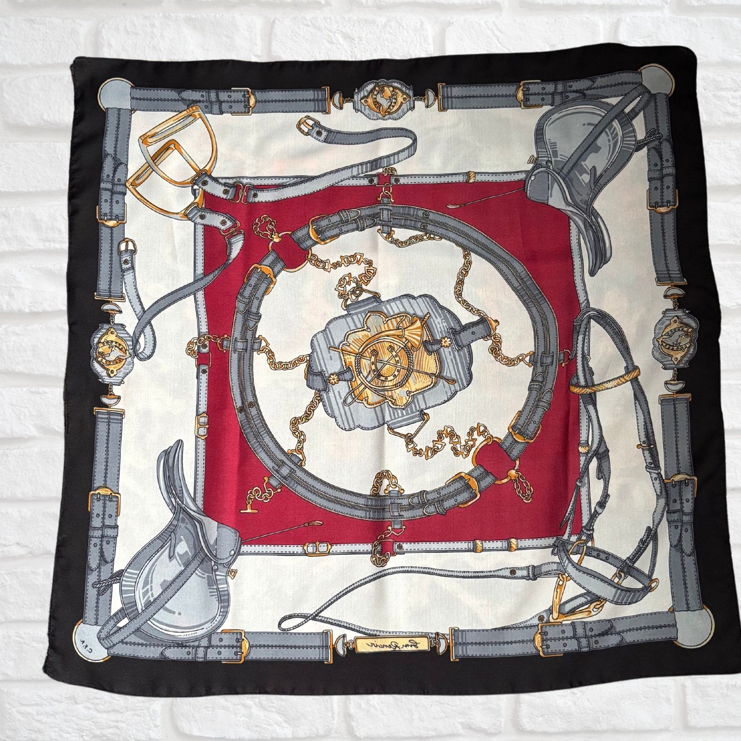 Black, White, Grey, Gold and Red Equestrian Style Square Vintage Scarf by Gim Renoir. Great Gift Idea