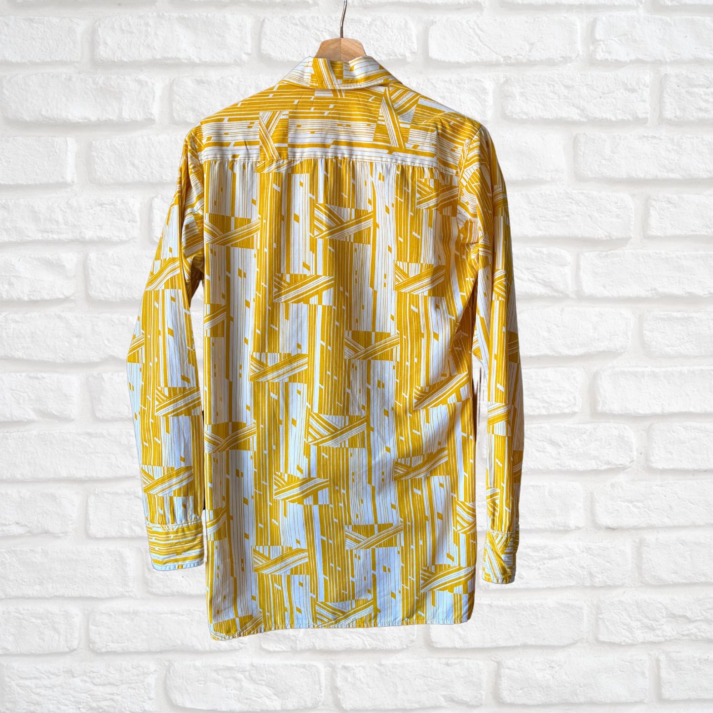 70s Geometric Print Long Sleeved Cotton Slim Fit Vintage Shirt. Approx UK size S (men) 10 (women)