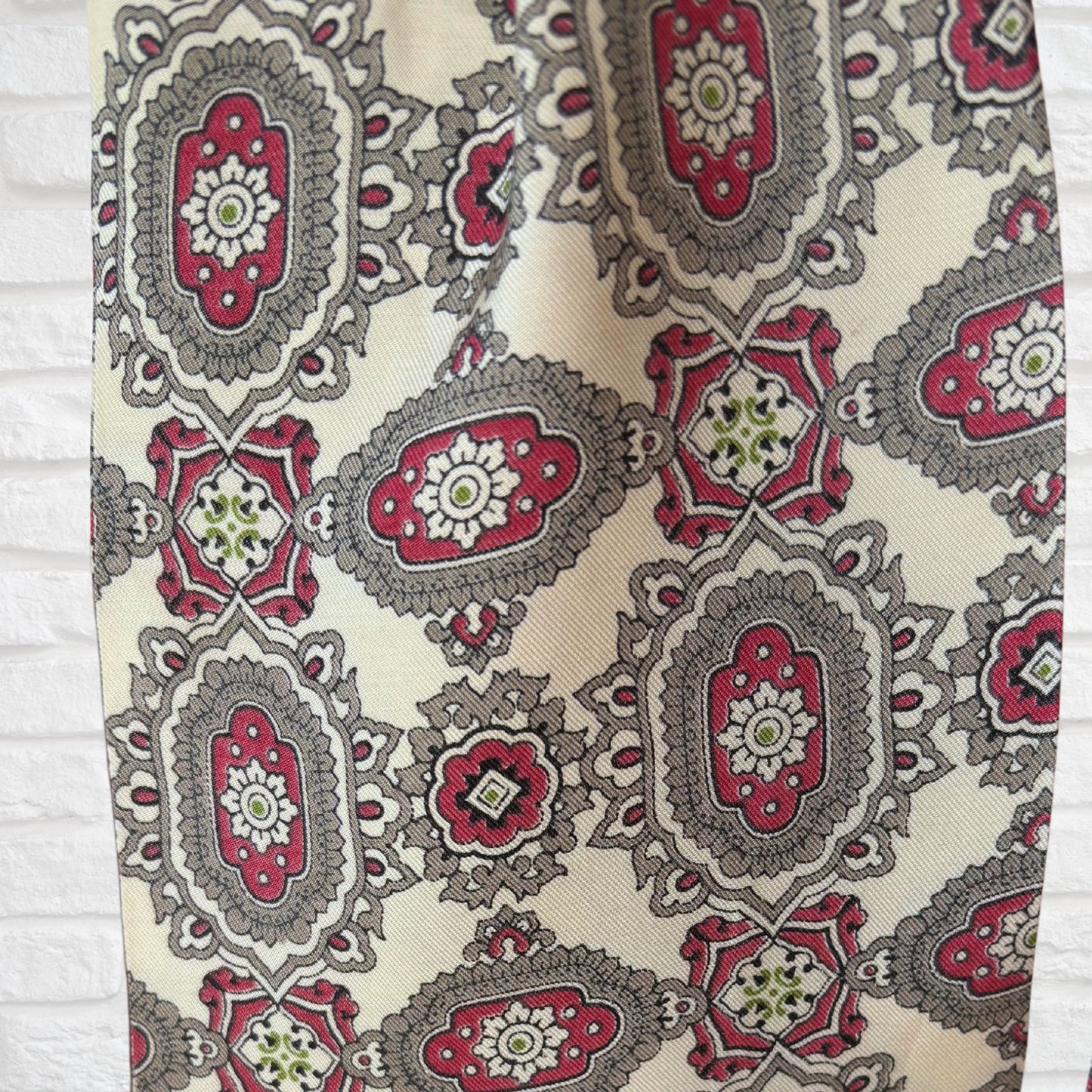 60s Mod Style Cream, Grey, Red, Black and Green Paisley Print Vintage Tootal Cravat