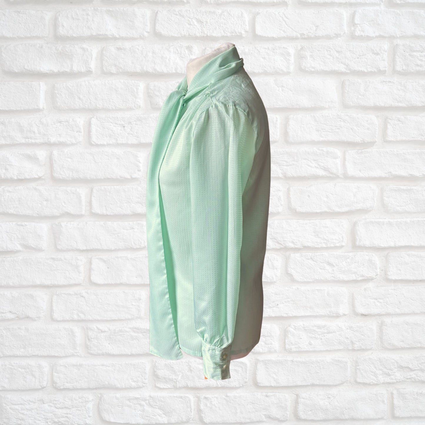 Pale Green Silky 80s Vintage Secretary Blouse with Tie Detail. Approx UK size 8-10