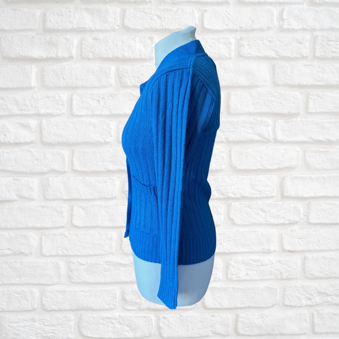 70s Blue Ribbed V neck Vintage Cardigan.  Approx UK size 8-10