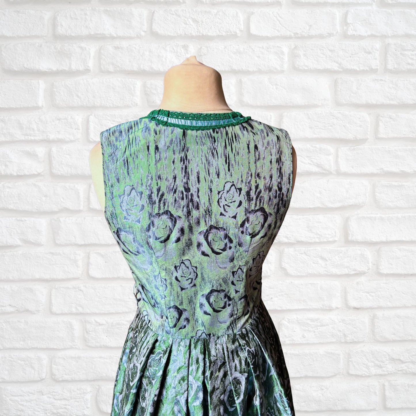 Vintage Blue and Green Shimmery Dirndl Dress with Lace-Up Bodice. Approx UK size 14
