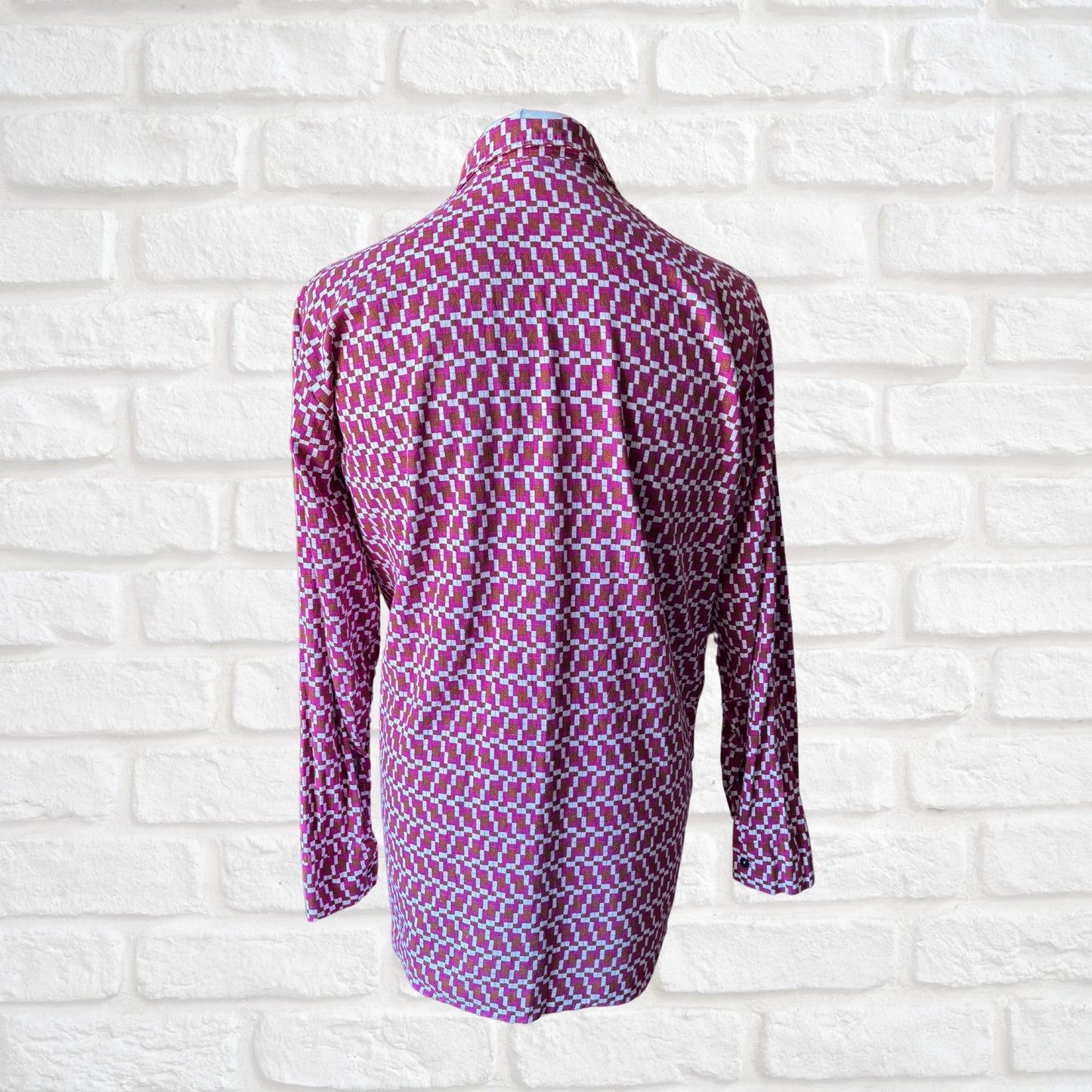 70s Geometric Print Long Sleeved Cotton Vintage Shirt. Approx UK size L - XL(men) 16-18 (women)