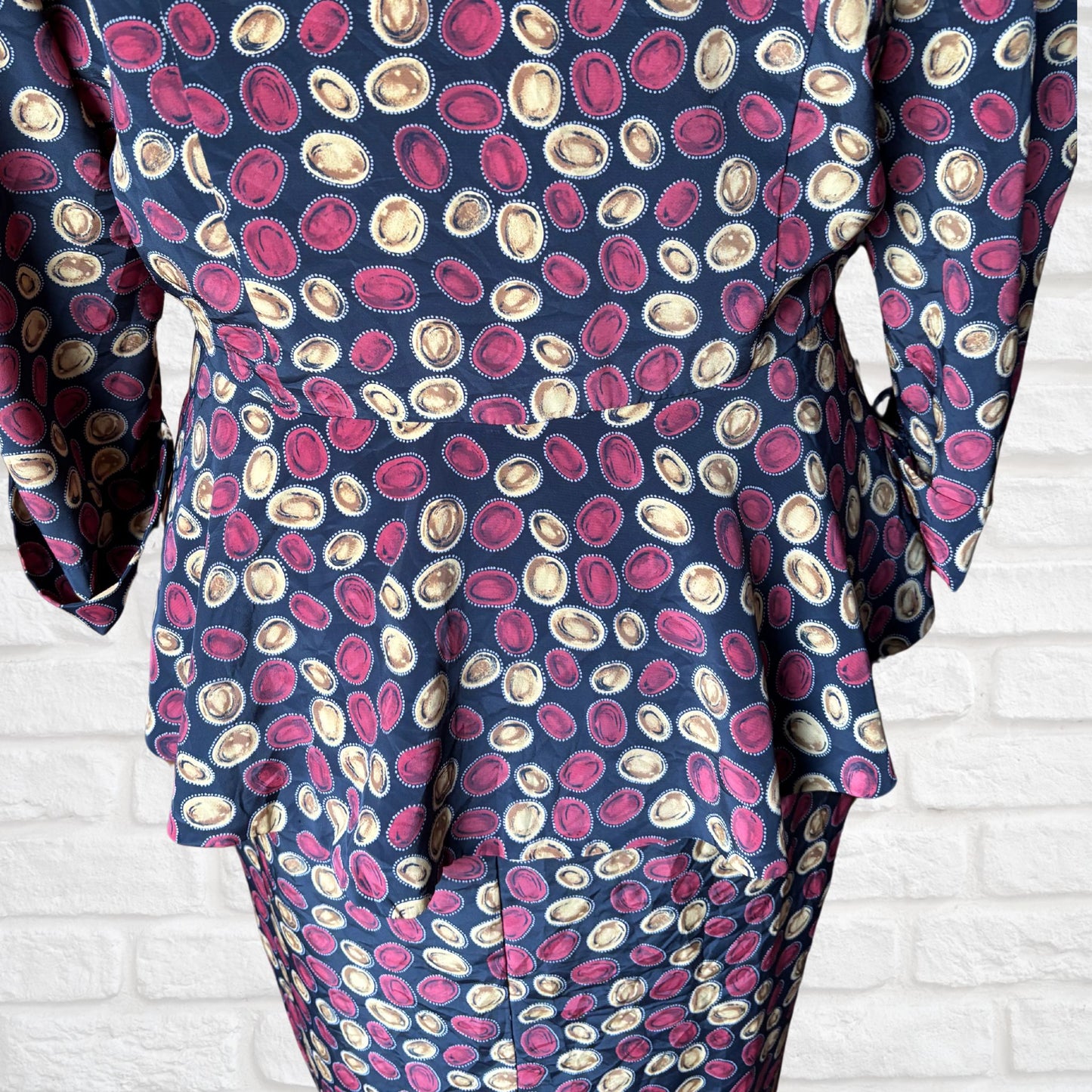 Vintage 80s Black Peplum Dress with Red & Gold Lozenge Print by Liz Roberts. Approx UK Size 16-18