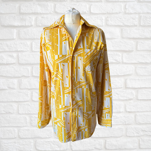 70s Geometric Print Long Sleeved Cotton Slim Fit Vintage Shirt. Approx UK size S (men) 10 (women)
