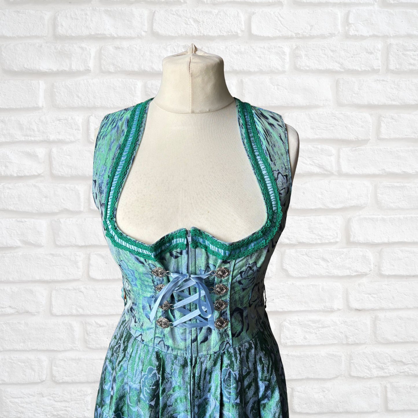 Vintage Blue and Green Shimmery Dirndl Dress with Lace-Up Bodice. Approx UK size 14