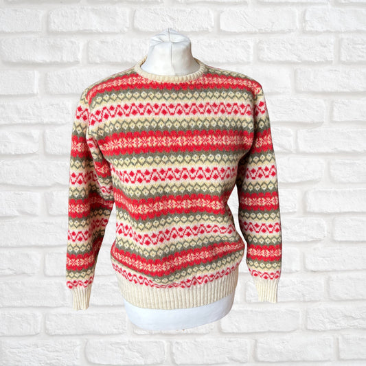 Vintage 80s Benetton Shetland Wool Jumper – Cream, red and green Fair Isle Knit. Approx UK size 10- 14