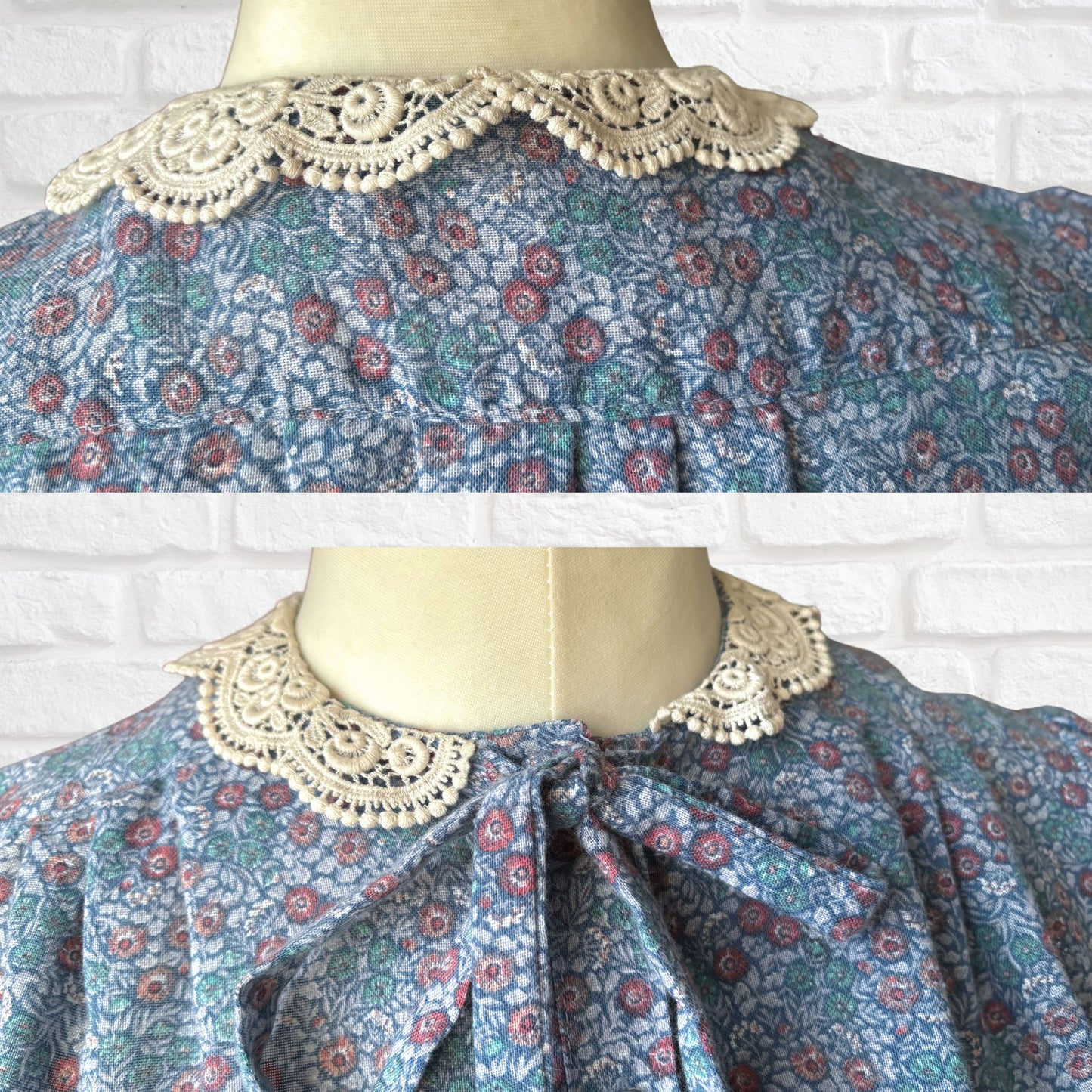 Vintage 80s Blue Floral Prairie Midi Dress with Cream Lace Collar. Approx UK size 12-14