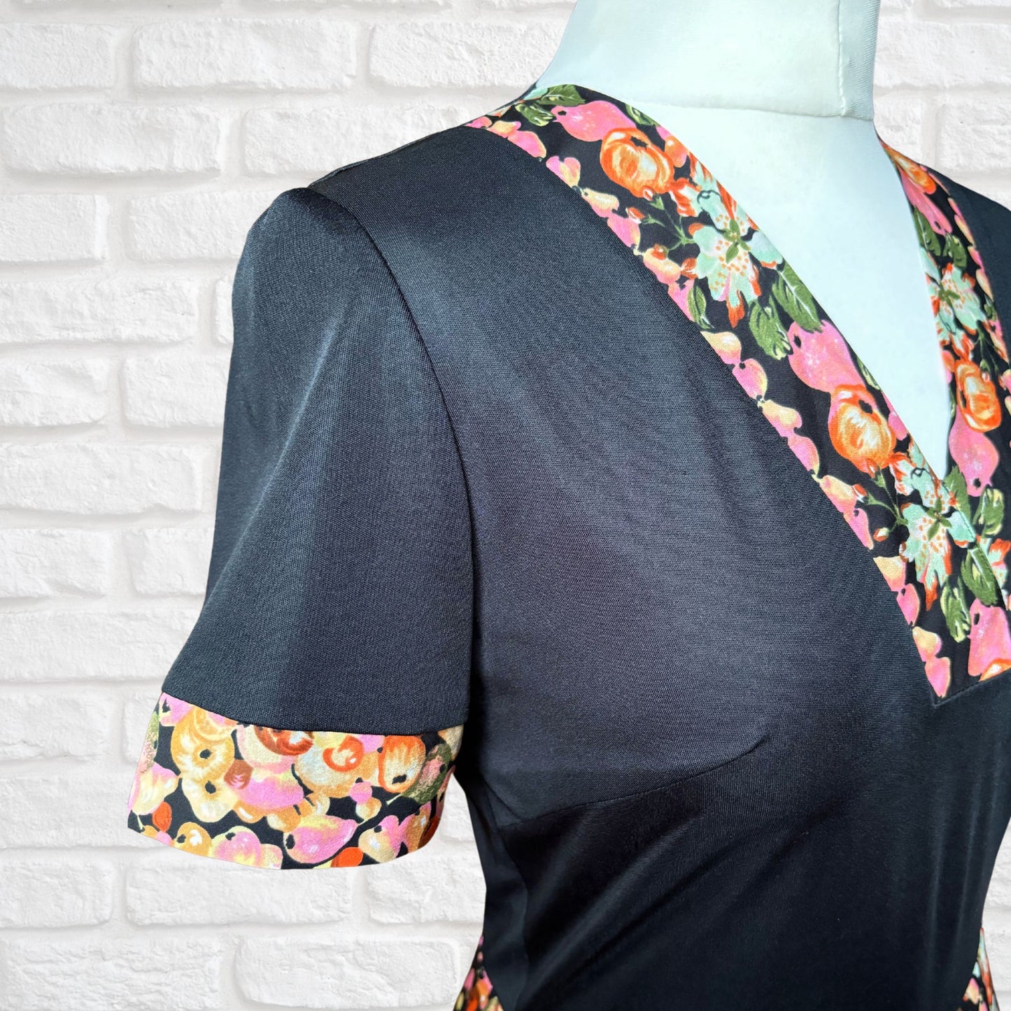 70s Black Fit & Flare Midi Dress with Fruity Floral Print . Approx UK size 10-12