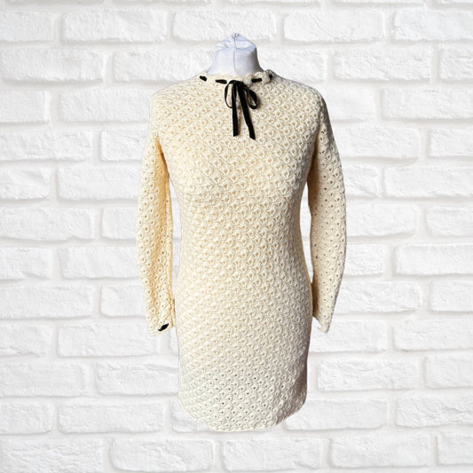 Vintage 60s Cream Crochet Mini Dress with Velvet Ribbon Detailing. Approx U.K. size 6-8