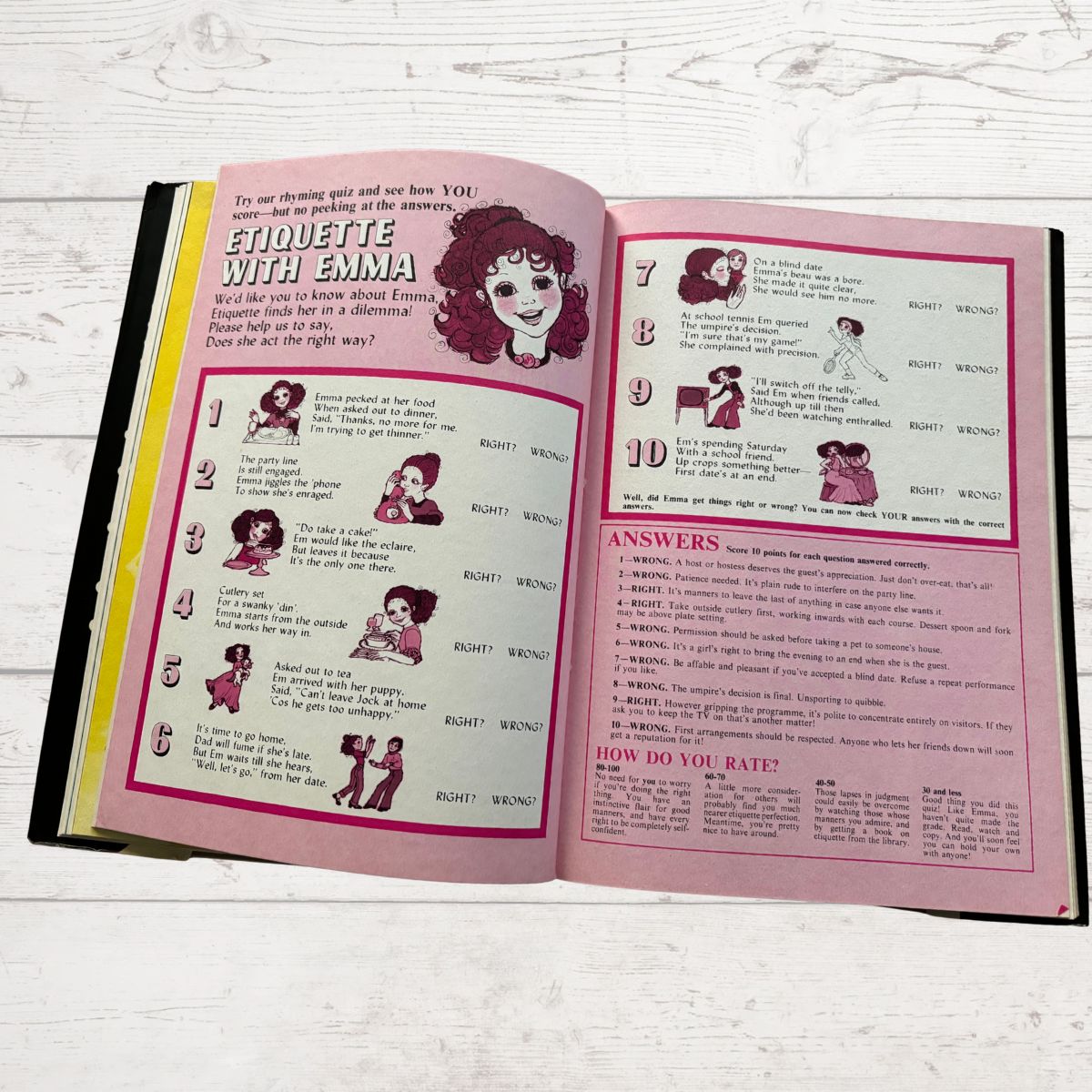 Open book with 'Etiquette with Emma' on a white wooden surface