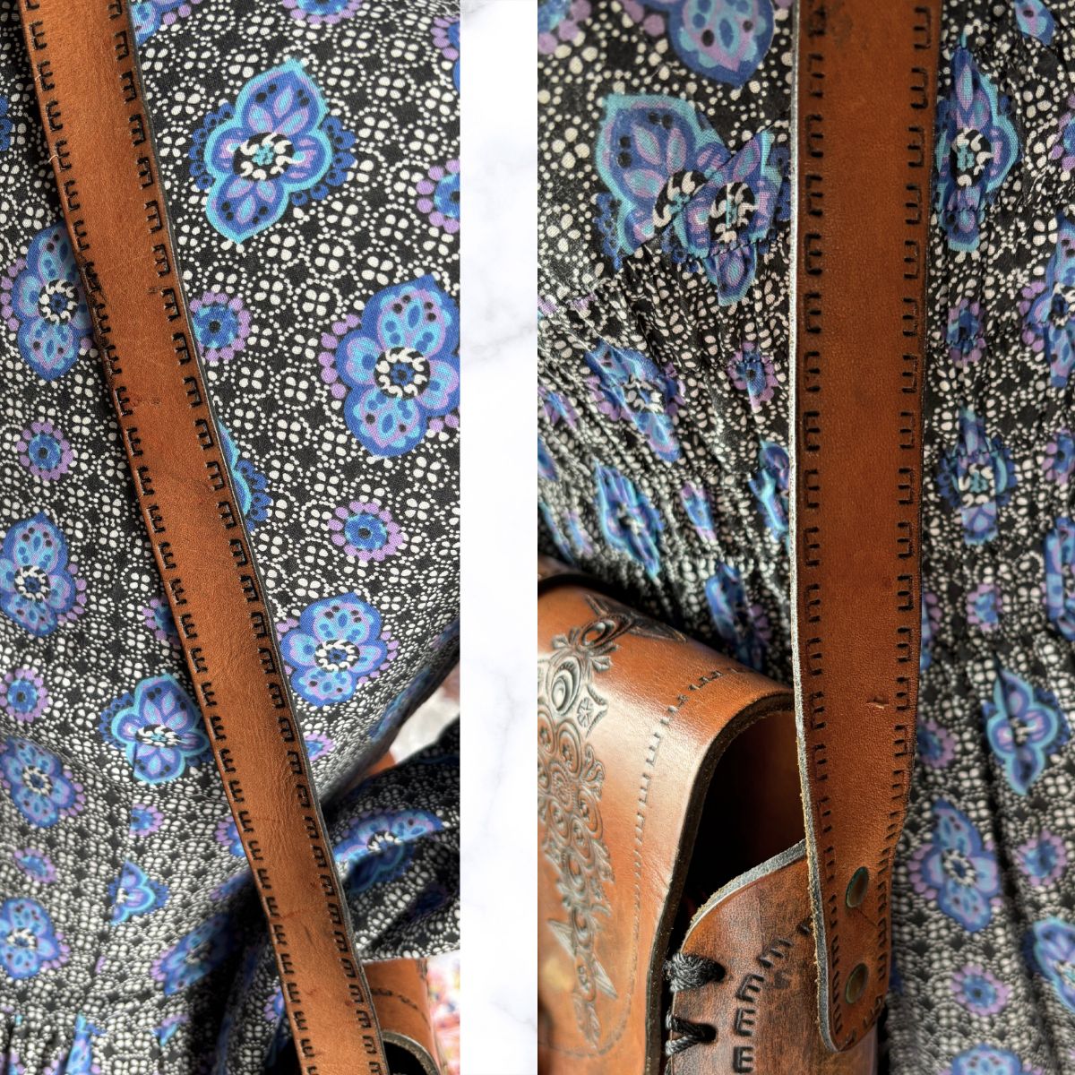 70s Boho Brown Tooled Leather Vintage Shoulder Bag with Buckle Fastening