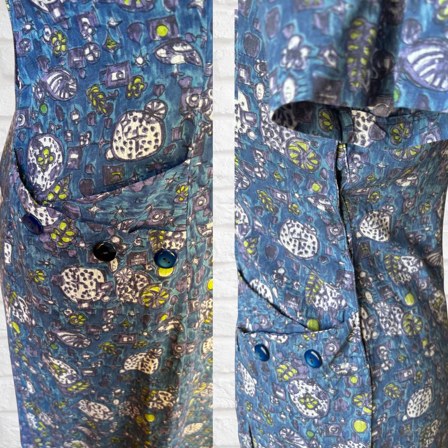 1950s French Vintage Blue Cotton Abstract Print Dress. Approx UK 12/ small 14