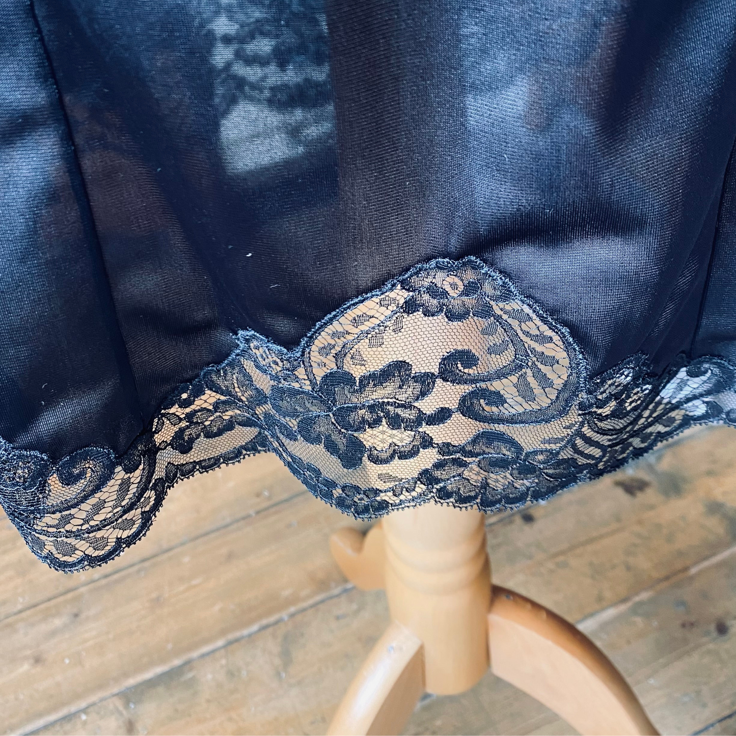 60s black lace trimmed silky Italian slip. Approx U.K. size 12-14