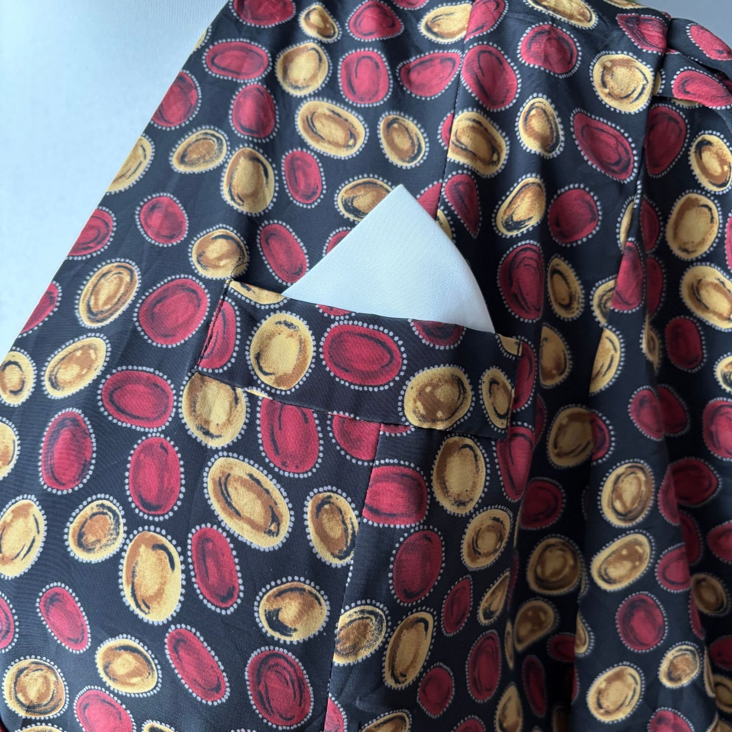 Vintage 80s Black Peplum Dress with Red & Gold Lozenge Print by Liz Roberts. Approx UK Size 16-18